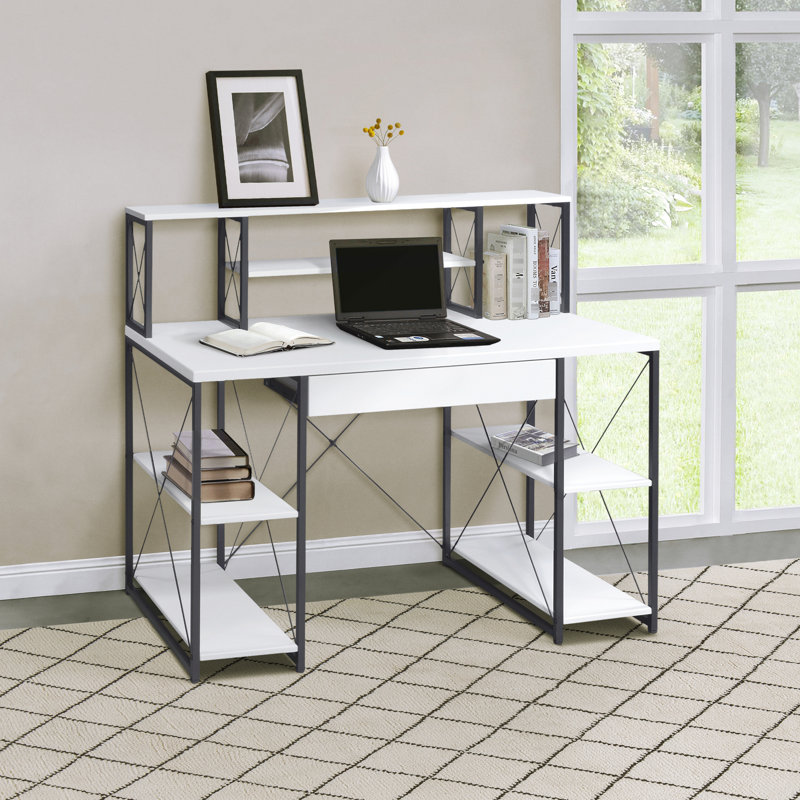 Office Desk In White And Black With Shelf Functional Drawer Writing Convenient