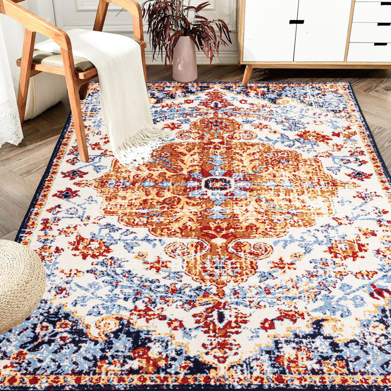 Non-slip Area Rug 6x9 Amber Floral Retro Washable For Bedroom Living Room Kitchen Machine, Rectangle 5'10" x 8'11"