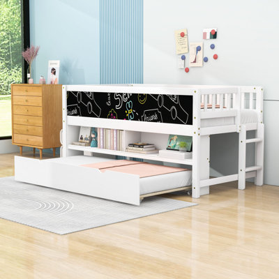 Twin Loft Bed With Storage Shelves And Blackboard
