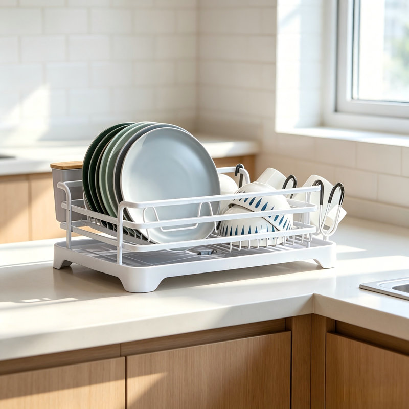 Aluminum Dish Drying Rack with Removable Cutlery & Cup Holder, Gray