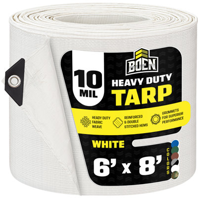 Boen 6 ft x 8 ft White Tarp, 10 Mil Thick Waterproof Heavy Duty Cover, Rip Proof Tarps, Thick Weave Material, UV Resistant Great for Tarpaulin Canopy Tent, Boat, RV or Pool Cover
