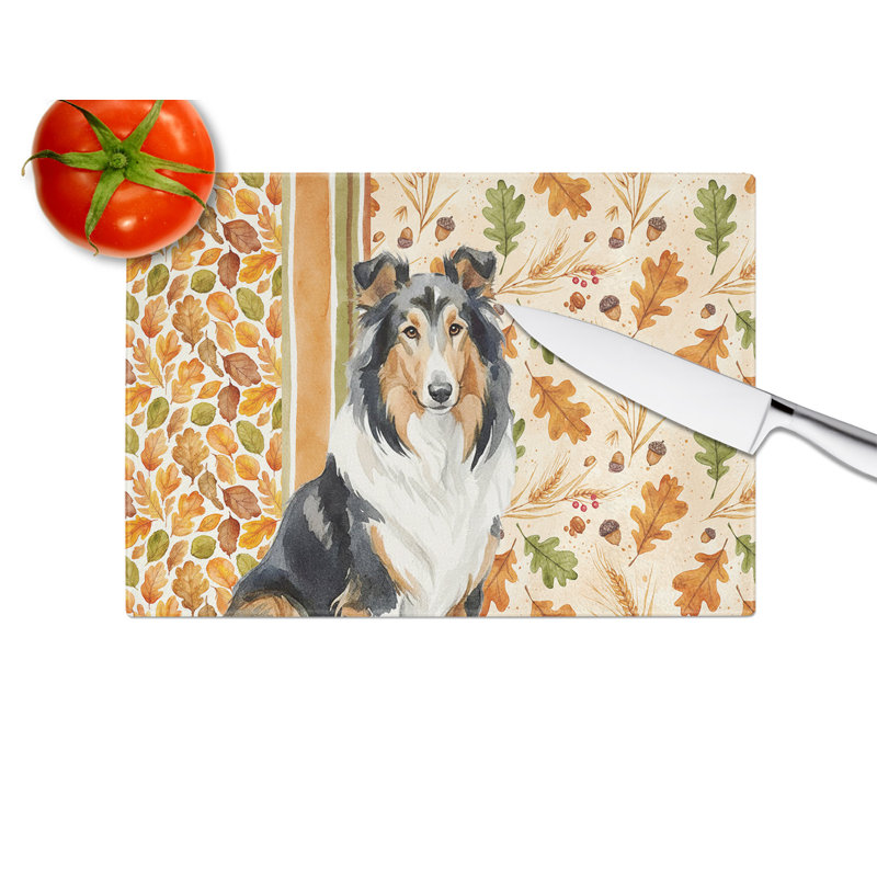 Tricolor Collie Heirloom Fall Glass Cutting Board