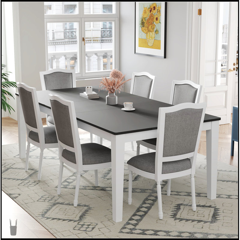 Ensemble de salle à manger extensible rustique 7 pièces avec rallonge amovible, chaises rembourrées et tiroirs intégrés, gris foncé et blanc