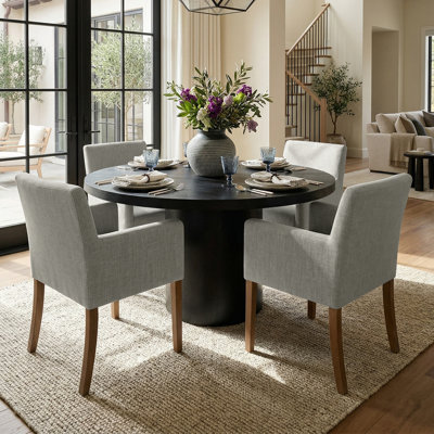 Ensemble de table de salle à manger pour 4 personnes avec table ronde en bois massif et 4 fauteuils rembourrés en lin