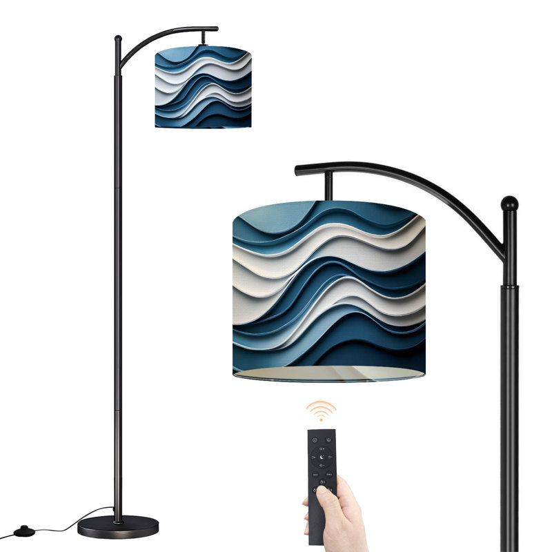Lampe sur pied à arc avec abat-jour réglable à rayures bleues et blanches, motifs décoratifs à vagues, lignes debout à répétition, 3 couleurs, intensité variable, lampe sur pied avec interrupteur au pied pour la chambre à coucher