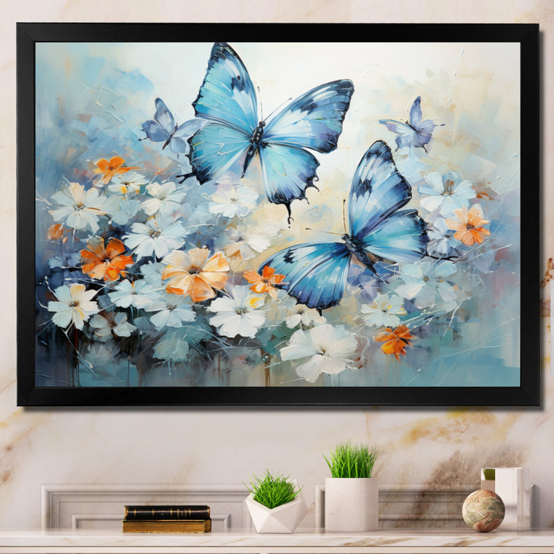 «Beshir Blue White Butterfly Symphony», art mural papillon, Cadre flottant doré, H 12 po x l 20 po x P 1 po