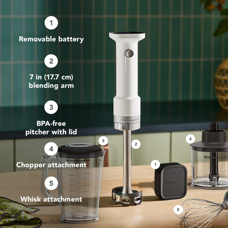 KitchenAid Go® Cordless Hand Blender with Pitcher, Whisk & Chopper Attachments - battery sold separately - Porcelain White