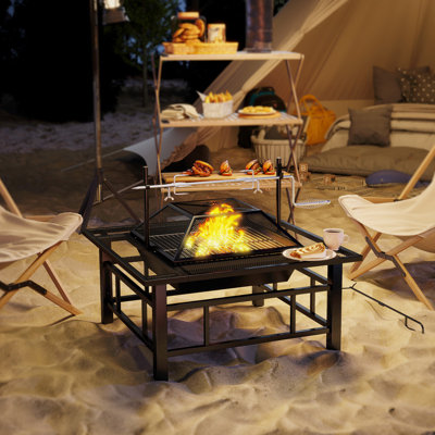 Outdoor Fire Pit Firepit with BBQ Grill Grate Poker Lid, Black