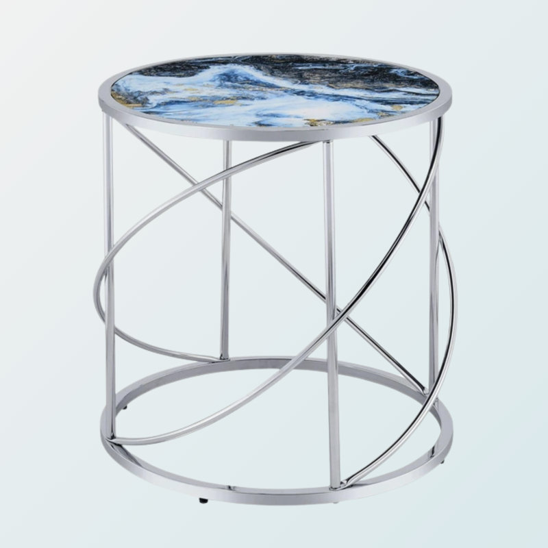 Élégante table de bout en marbre bleu Parlen - Base au fini chromé et bois composite durable pour un décor élégant