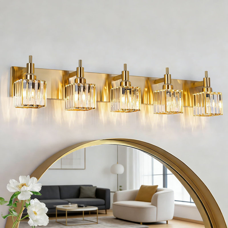 Luminaire de meuble-lavabo moderne en cristal doré - applique murale à 5 lumières à intensité variable avec cristaux K9 pour miroir ou chambre à coucher