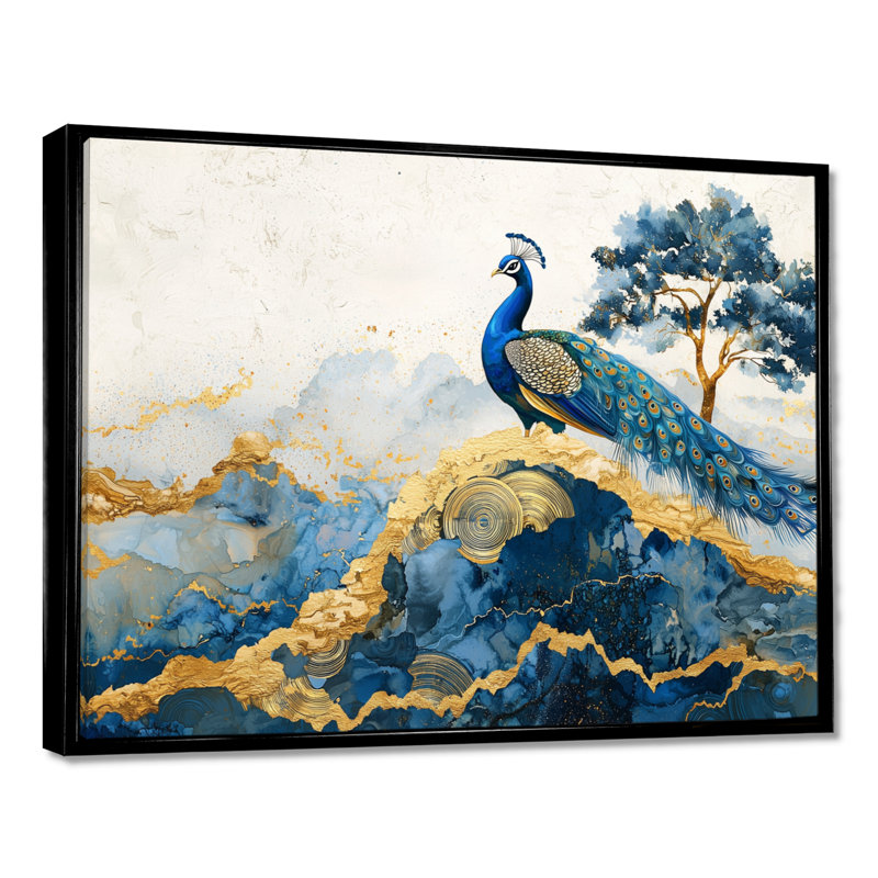 «Hardage Golden Aqua and Agate Peacock Landscape III», art mural paon, Noir, Impression encadrée flottante sans passe-partout