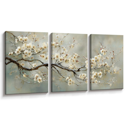 Beige Plum Blossom Branch Winter Botanical Artwork, Living Room Pictures, Framed Canvas Giclee Print 3 Pieces Wall Art