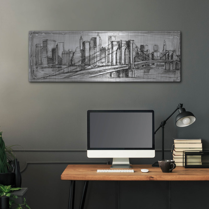 «Pen & Ink Cityscape II» par Ethan Harper, art mural en métal, 48 po x 16 po