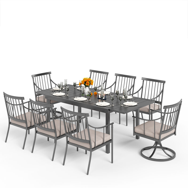 Ensemble de salle à manger de patio en acier l 84 po pour 8 personnes avec table rectangulaire extensible et coussins Salem