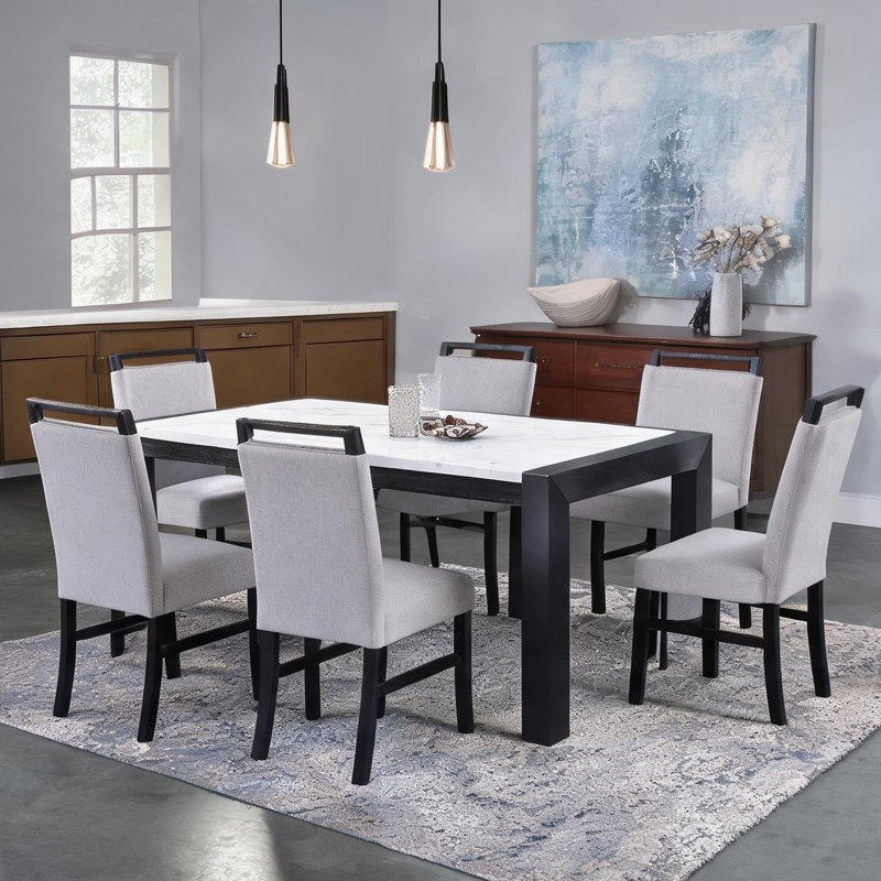 Ensemble de salle à manger moderne 7 pièces avec table en faux marbre blanc et 6 chaises en tissu gris anthracite, 6 places