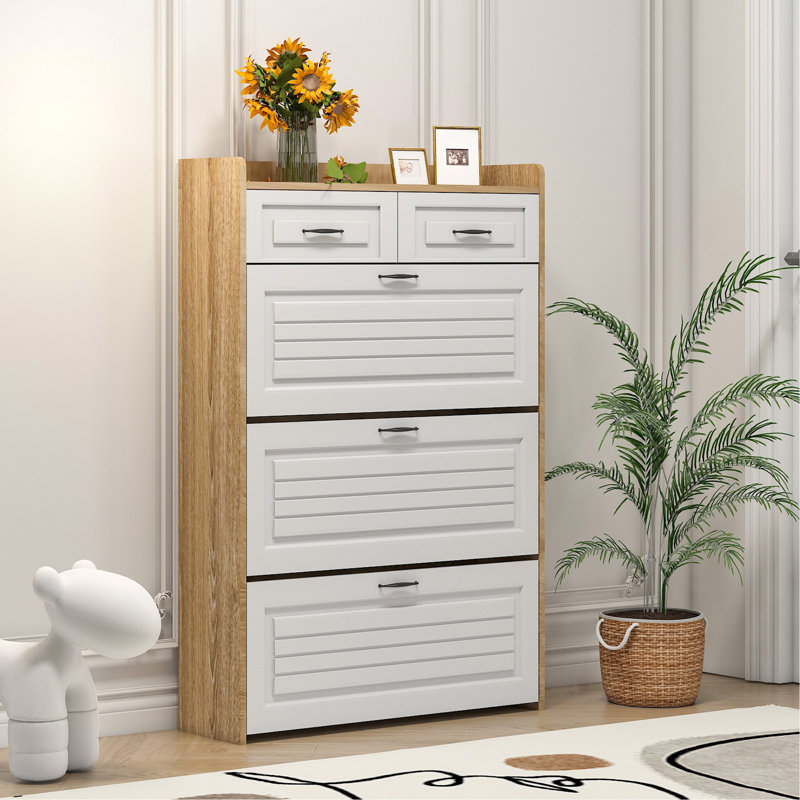 Versatile Shoe Cabinet With Abundant Storage And Customizable Compartments For Neat Shoe Organization, White/Natural