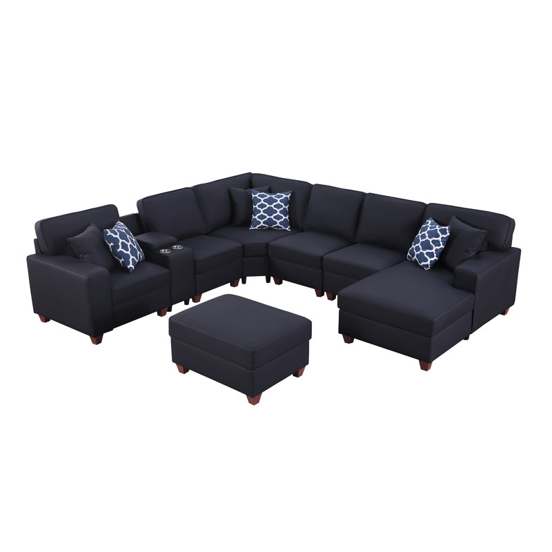 Belmont - Canapé modulaire en cuir en U avec console porte-gobelet et repose-pieds, Similicuir noir