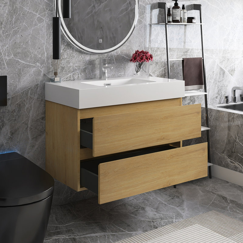 Meuble-lavabo mural simple 36 po avec plateau en résine blanche 36 po, Chêne
