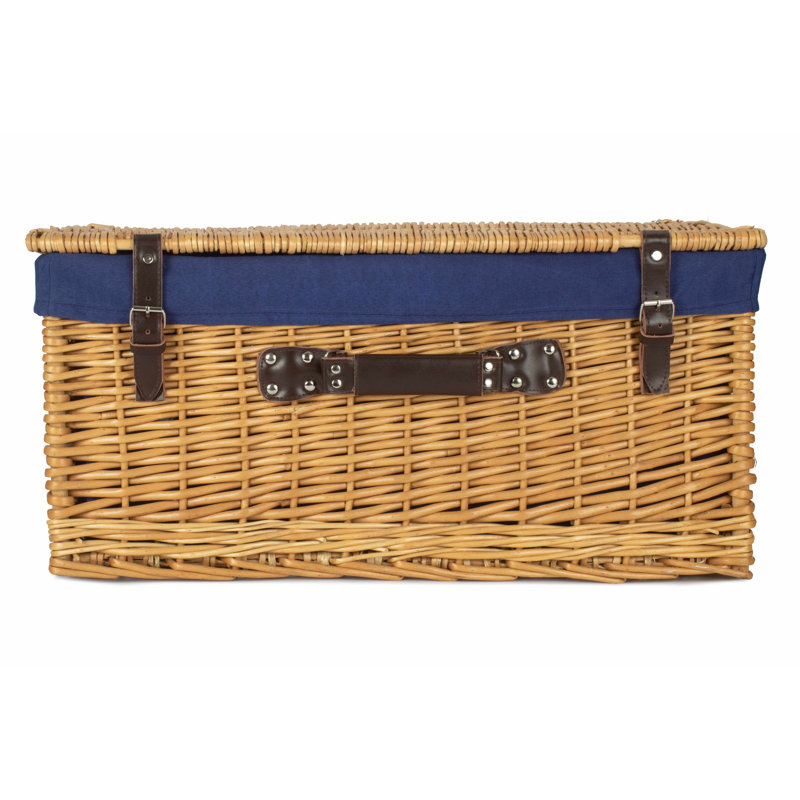 24" Wicker Hamper Basket With Lining, Buff/Navy Blue