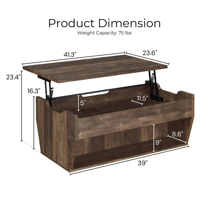 Table basse avec rangement à plateau relevable et tablette de plancher Lateafa, Chêne recyclé