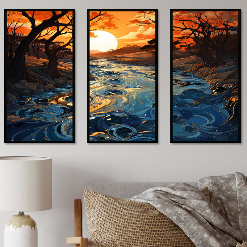 Orange et bleu, rivière, voyage serein I - rivière, art mural, Cadre flottant noir, H 28 po x l 36 po x P 1 po
