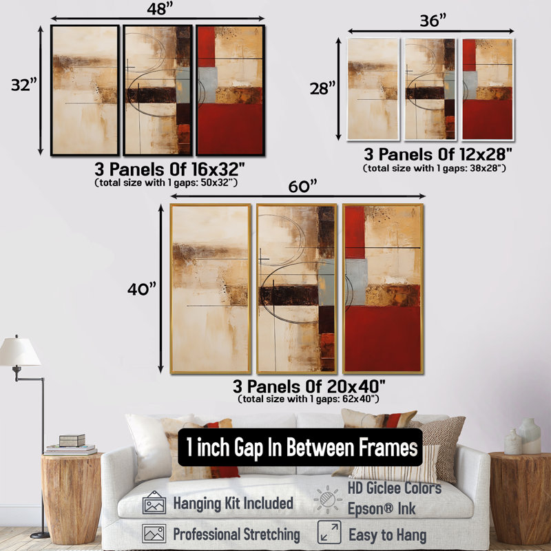 «Cubist Red Beige Colorfields - Abstract Collages», ensemble de reproductions d'art mural, Encadrement argenté
