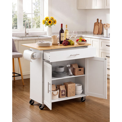 Îlot de cuisine mobile avec rangement, 107,3 ​​cm de large, sur roulettes pivotantes, avec meuble de rangement, abattant, étagère à épices et table d'appoint pour salle à manger, blanc, avec tiroir.
