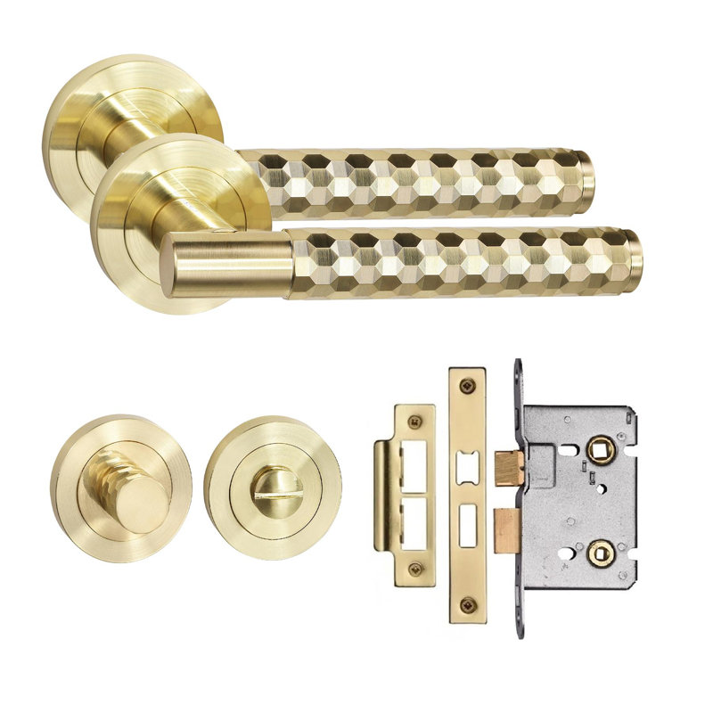 Golden Grace Knurled Hex Cut T-Bar Bathroom Door Handle Set with Thumbturn and Mortise Lock