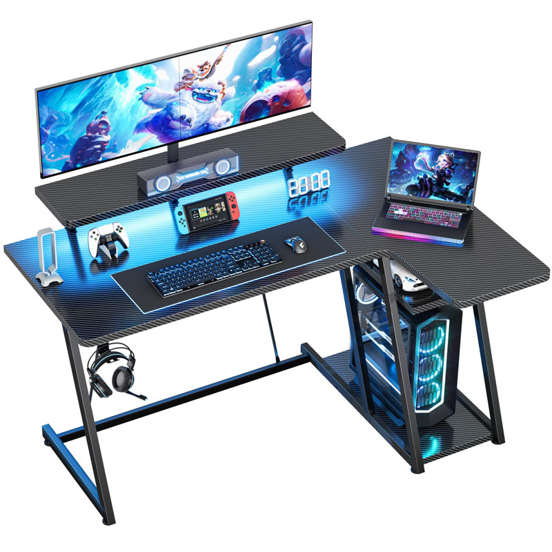 Gaming Table With LED Light, 120Cm Computer Table With Monitor Stand, L-Shaped Table With Headphone Hook, Corner Table With Shelf