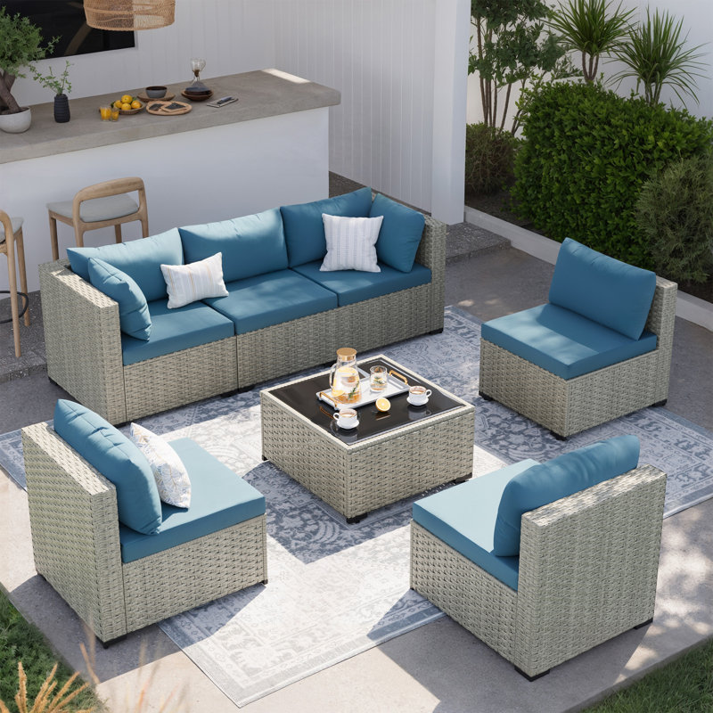 Ensemble de meubles de patio pour 6 personnes avec coussins confortables et table en verre Demasi, Bleu paon