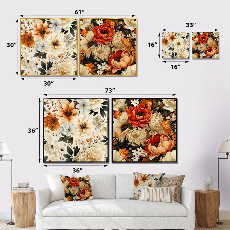 Acanthe - ensemble de 2 reproductions d'art sur toile florales, Cadre noir, H 30 po x l 61 po x P 1 po