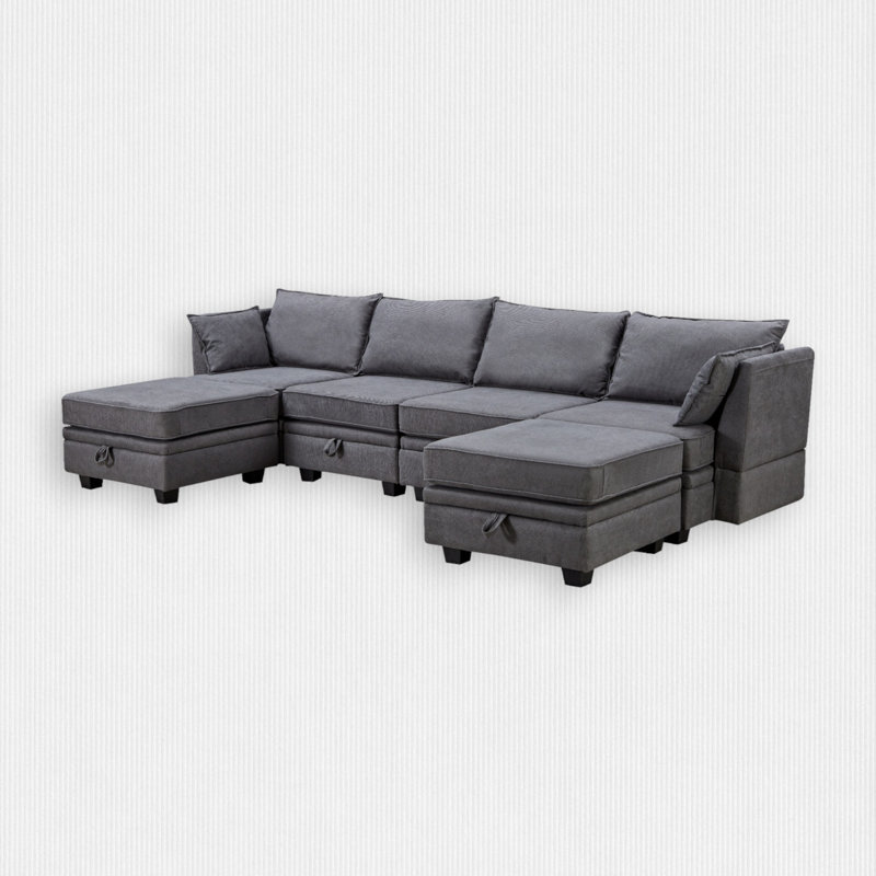 Wide Reversible Modular Sofa & Chaise with Ottoman, Dark Gray Polyester Blend