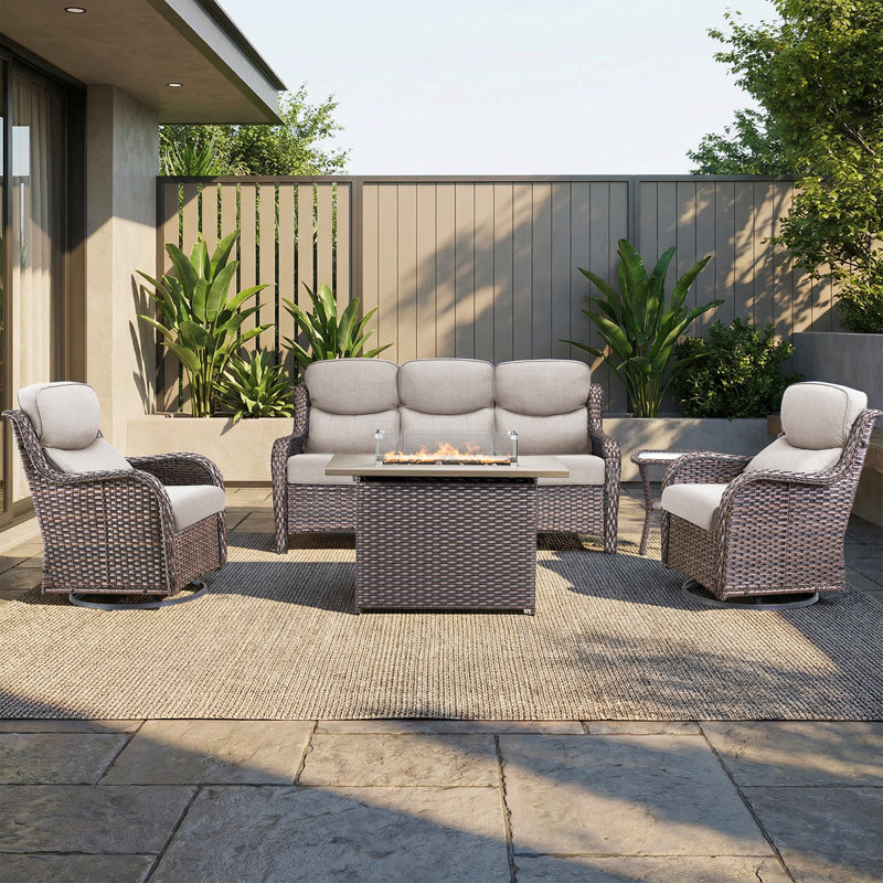 Anner 5-Piece All Weather Outdoor Wicker Patio Conversation Set With Rectangle Fire Pit Table, Swivel Gliders And Side Table