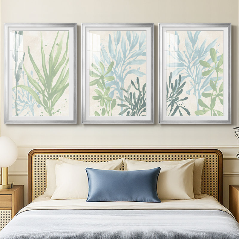 Swaying Seagrass I - Impression sur mesure avec cadre de qualité supérieure - 3 pièces, Argent argent, H 19 po x l 27 po