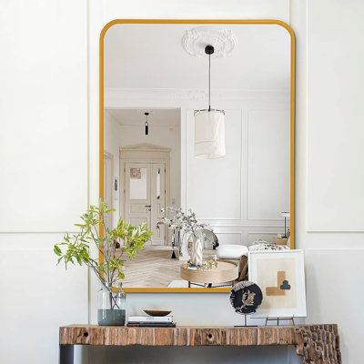 Miroir mural doré de 22 po x 30 po pour décoration de salle de bain - verre de 4 mm de hauteur, cadre principal rouille et remplissage en aluminium