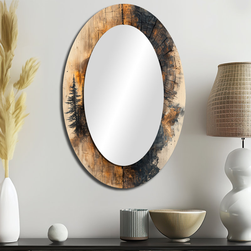 Totem Inuit Tower In A Forest Landscape I - Orange Modern Oval Wall Mirror, 36" x 24"