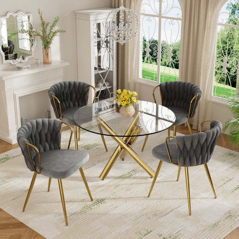 Elegant Round Glass Dining Table Set, 5 Pieces: Table, 4 Chairs, Gray, Gold