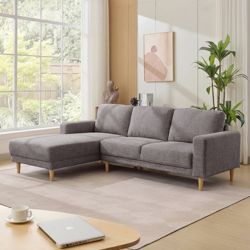 2-Piece 90" Upholstered L-Shaped Fabric Linen Corner Sofa, Grey