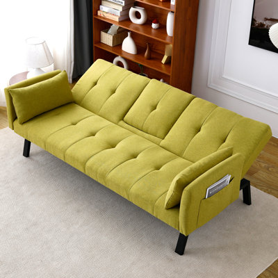 Foldable Bed, 70 - Inch, With Cup Holder And Armrest Storage, Cotton Linen, 2 Seats, Suitable For Small Spaces Inch Bed Central Linen Material, Yellow Dark Grey Beige