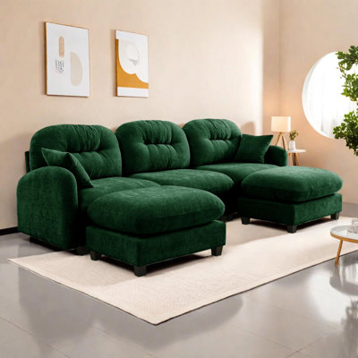 Modular U-Shaped Sectional Sofa With Ottoman, Chenille Upholstery And 2 Throw Pillows