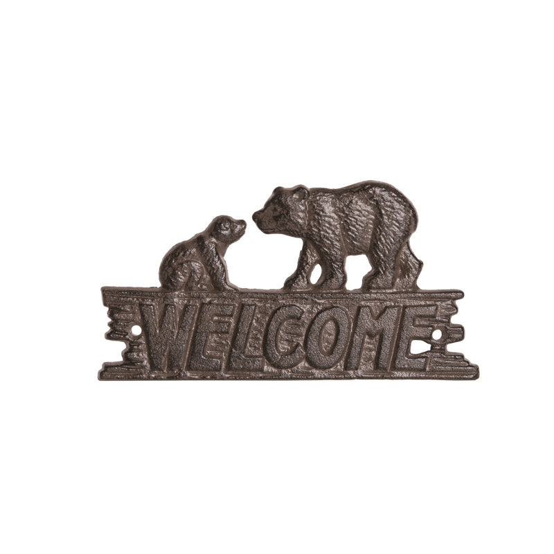 Rustic Brown Metal Spring Welcome Wall Decor with Bear Design