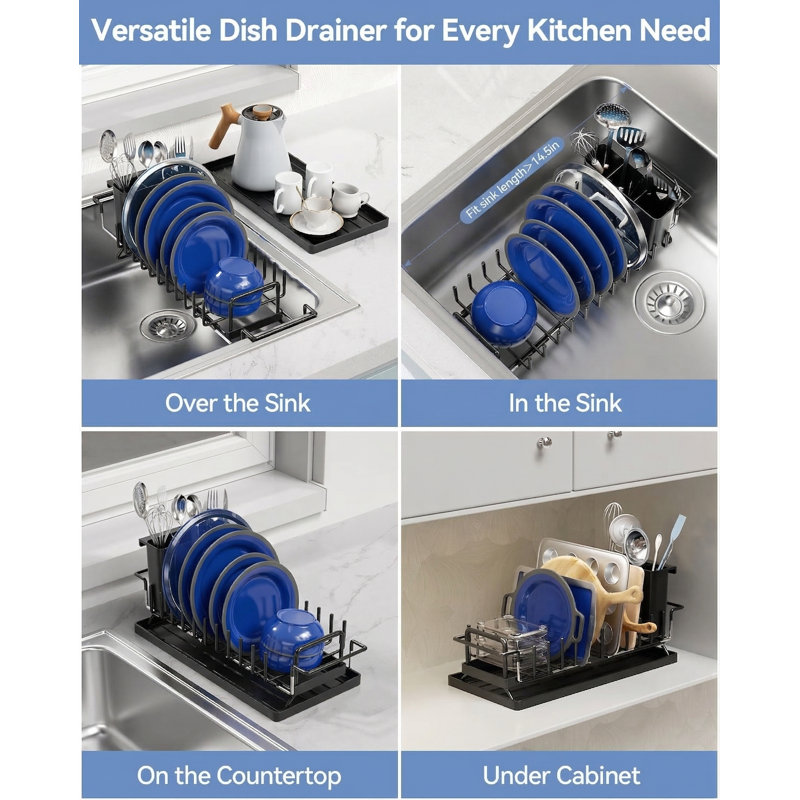 Dish Drying Rack - Expandable Small Dish Rack Over Sinks With Silicone Drying Tray, Dish Drainer For Kitchen Counter With Cutlery Holder, Drying Rack Fit For 14’’-19’’ Kitchen Sink