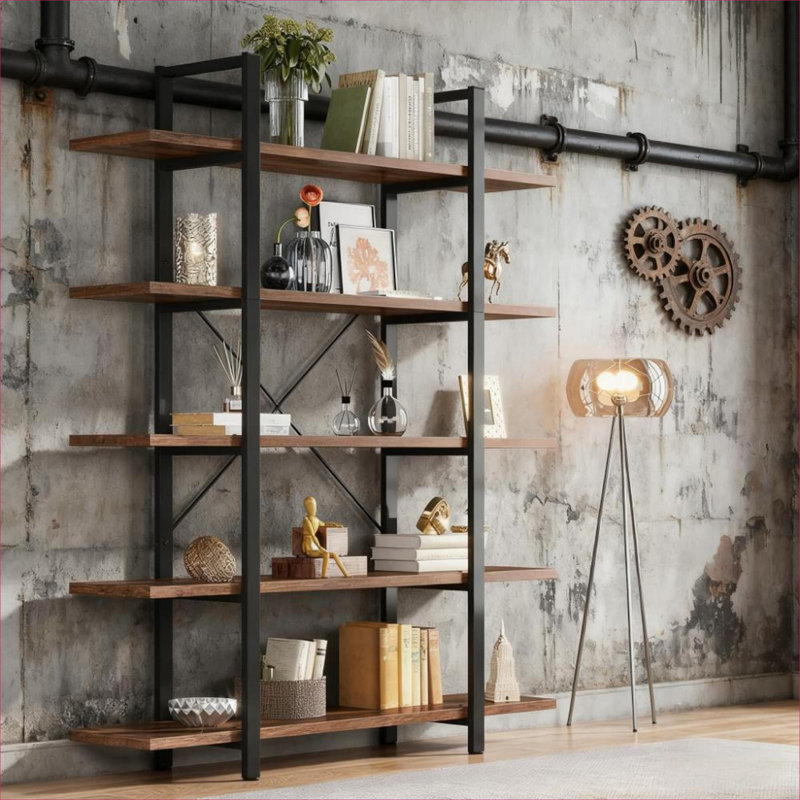 Study and Bedroom Storage 5-Tier Open Floor Bookshelf, Classic Brown, Engineered Wood and Steel Construction