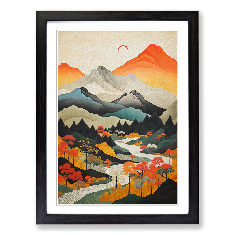 Japanese Mountains Constructivism No.2 - Single Picture Frame Print on Wood, 46cm H x 34cm W x 2cm D, Black Framed