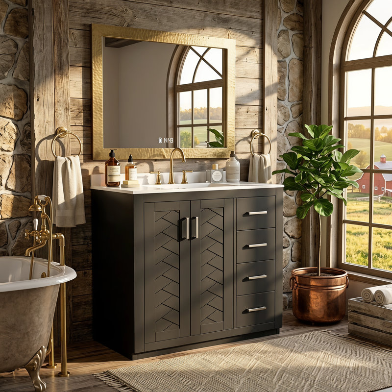 Ensemble de meuble-lavabo 36 po avec lavabo en céramique, meuble de rangement pour salle de bain avec cadre en bois massif, ensemble de meuble-lavabo autoportant avec 3 tiroirs et portes à fermeture douce