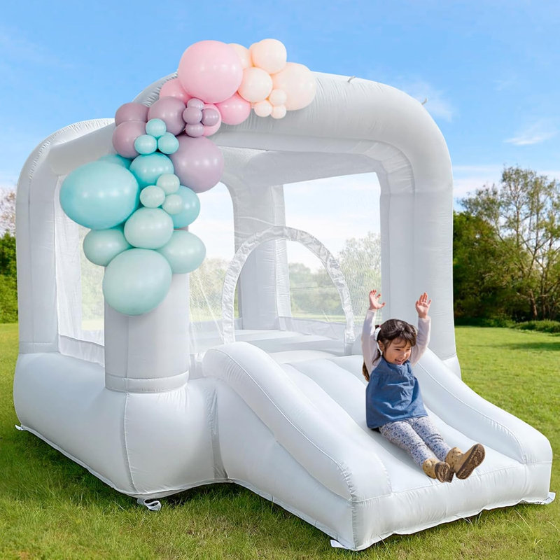 Pink Bounce House With Blower, Inflatable Bouncer Castle With Slide For Kids/toddler Indoor/outdoor Parties, White