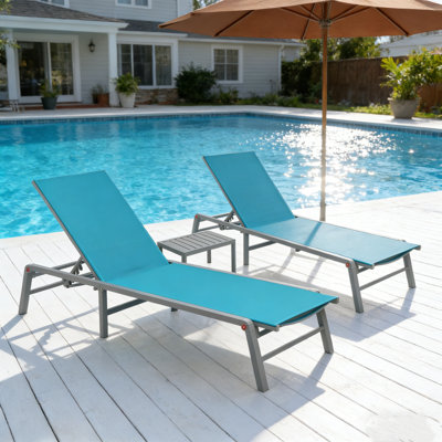 Kozyard 3-Piece Patio Lounge Set, 2 Foldable Outdoor Lounge Chairs with Side Table, Aluminum Frame Patio Loungers with 5-Position Adjustable Backrest, Breathable Textilene Fabric, No Assembly Required, Reclining & Full Flat for Pool, Beach & Patio Aqua