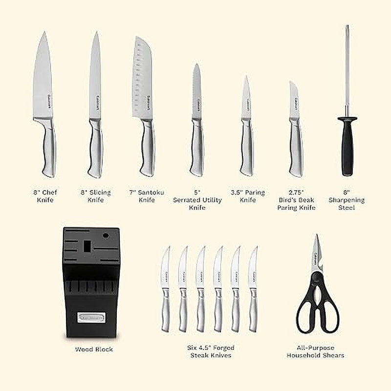 Cuisinart 15-Piece Kitchen Knife Block Set, Stainless Steel, Black