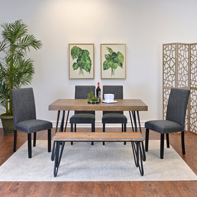 6-Piece Dining Set: Hairpin Table & 4 Chairs + Wood Bench