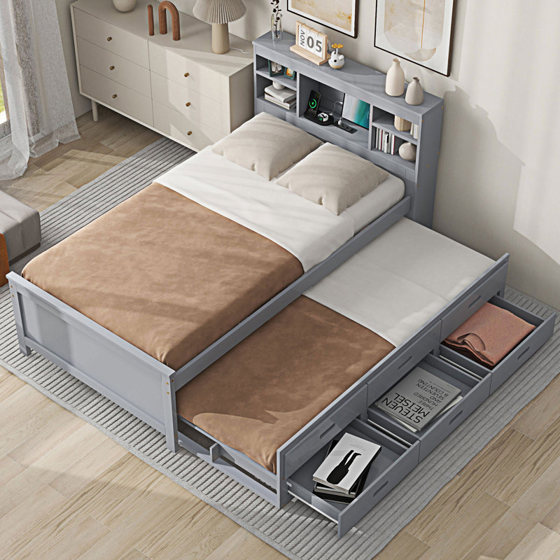 Platform Bed With Storage Headboard, Gray